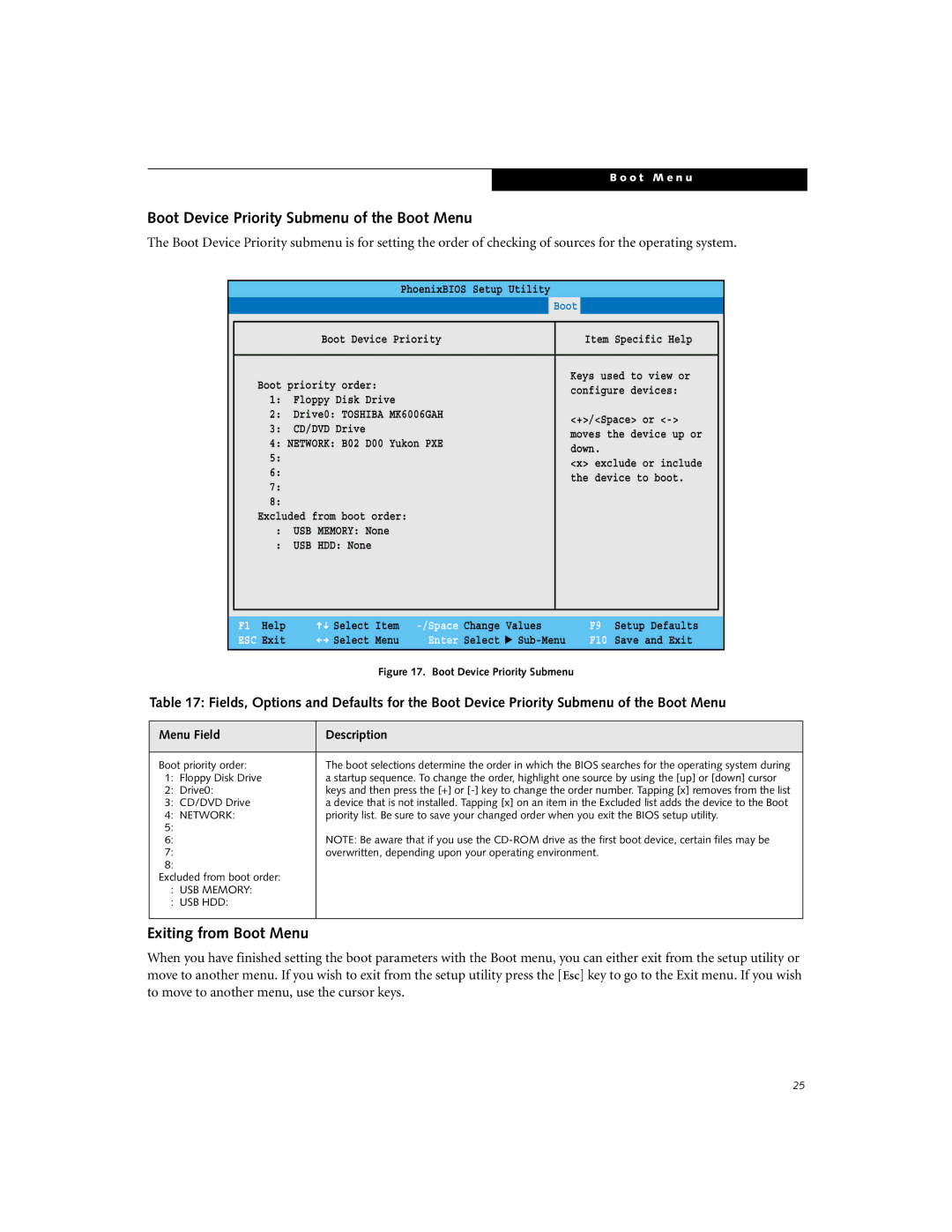 Fujitsu Siemens Computers P1610 manual Boot Device Priority Submenu of the Boot Menu, Exiting from Boot Menu 