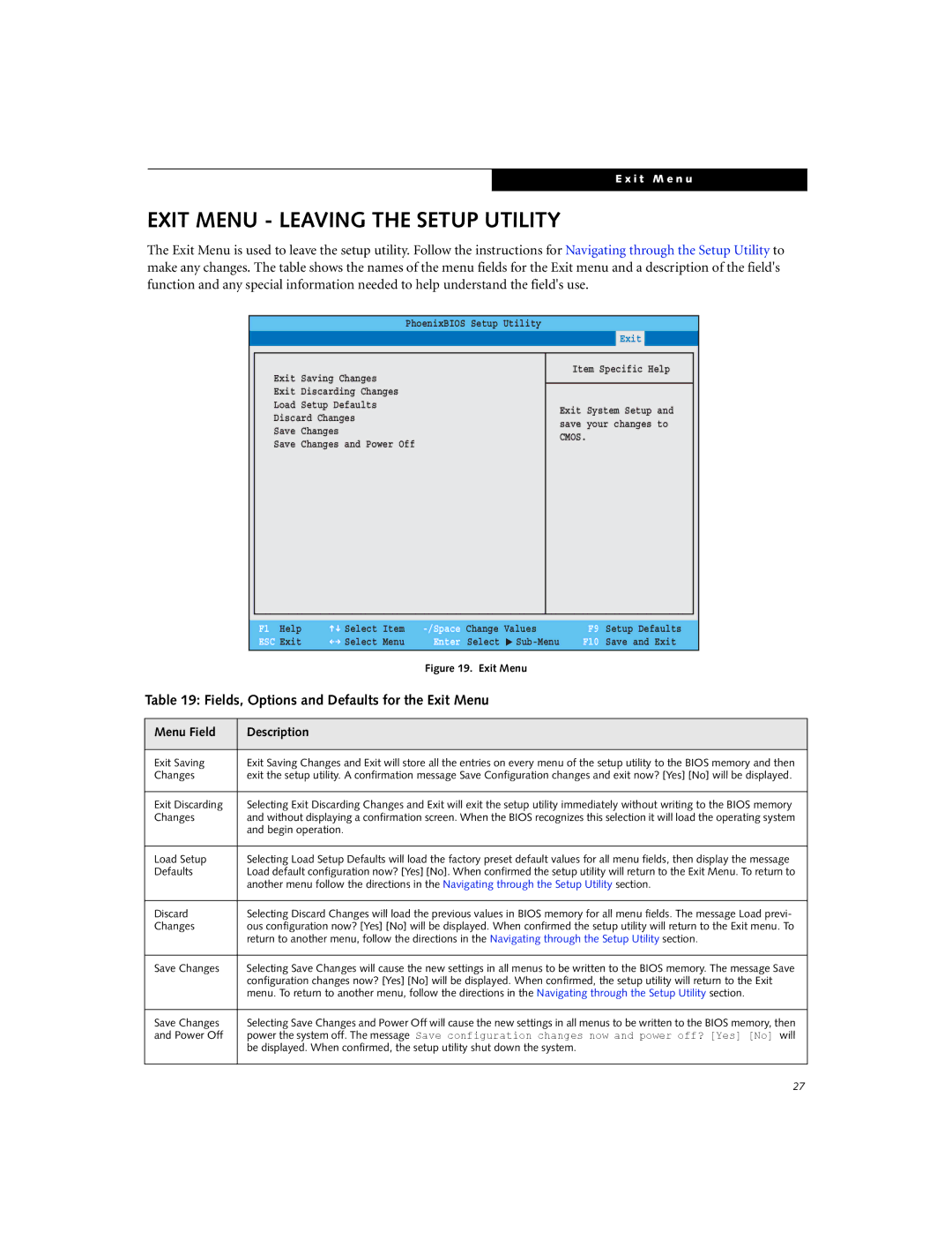 Fujitsu Siemens Computers P1610 manual Exit Menu Leaving the Setup Utility, Fields, Options and Defaults for the Exit Menu 