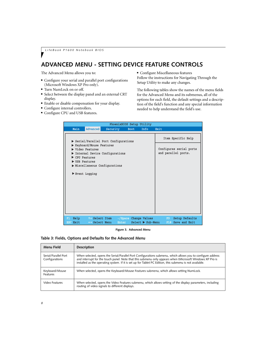 Fujitsu Siemens Computers P1610 manual Advanced Menu Setting Device Feature Controls, Menu Field Description 