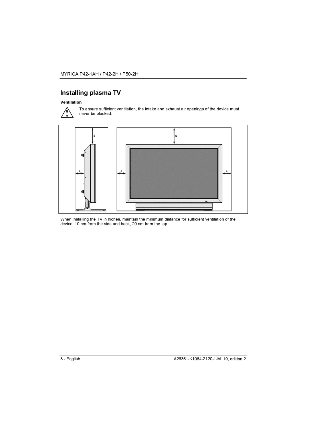 Fujitsu Siemens Computers P50-2H, P42-2H manual Installing plasma TV, Ventilation 