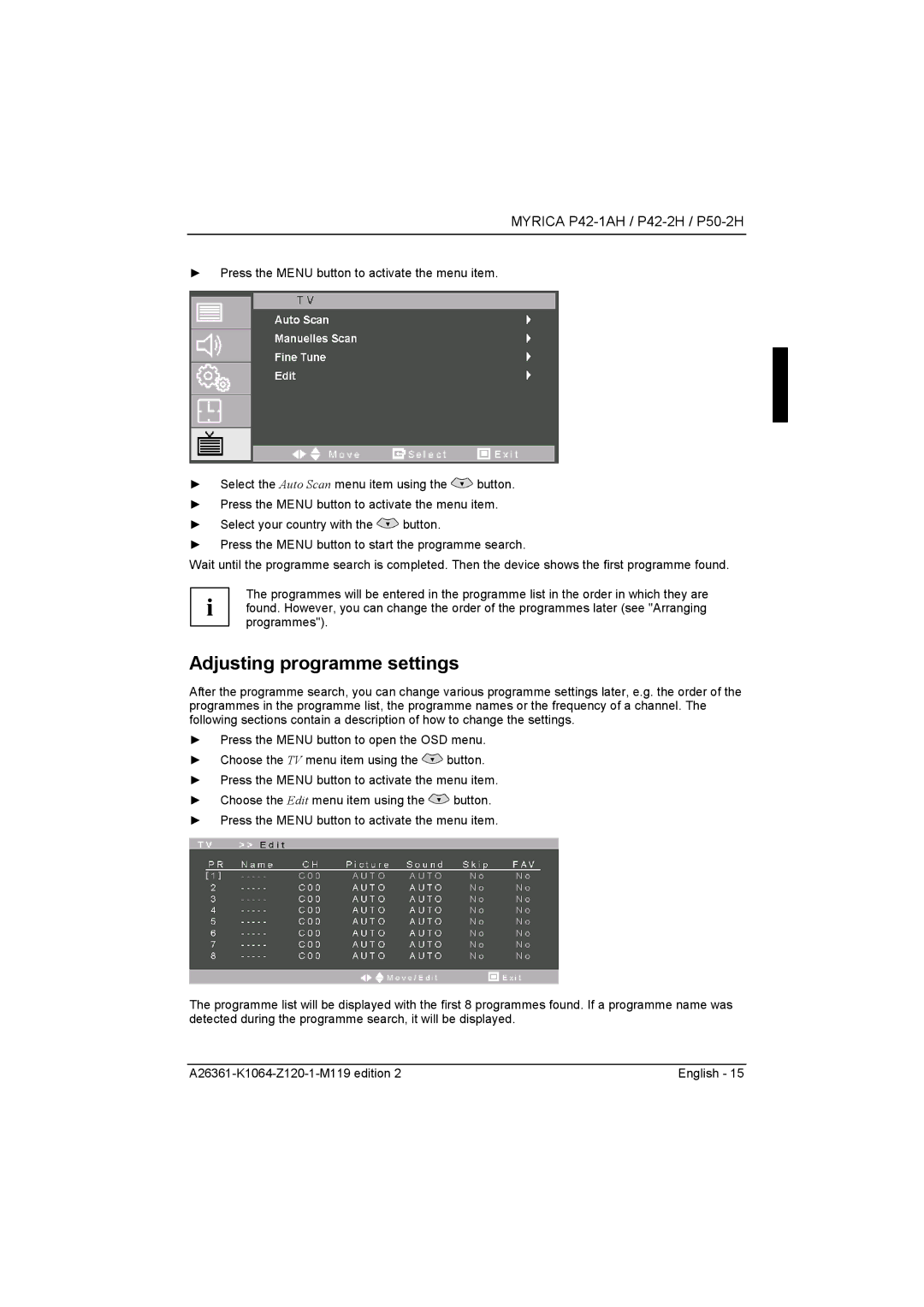 Fujitsu Siemens Computers P42-2H, P50-2H manual Adjusting programme settings 