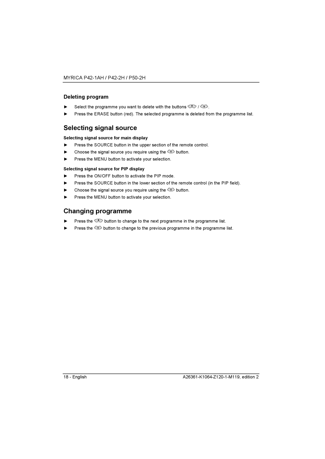 Fujitsu Siemens Computers P50-2H, P42-2H manual Selecting signal source, Changing programme, Deleting program 