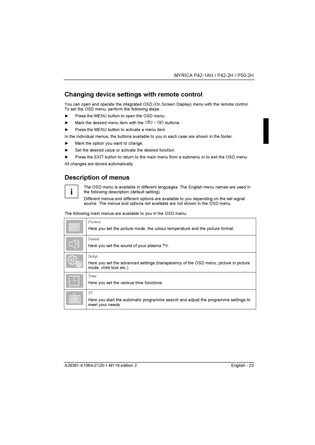 Fujitsu Siemens Computers P42-2H, P50-2H manual Changing device settings with remote control, Description of menus 