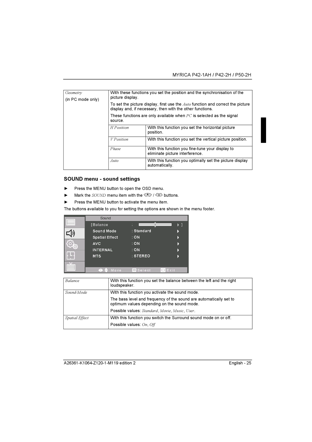 Fujitsu Siemens Computers P42-2H, P50-2H manual Sound menu sound settings 