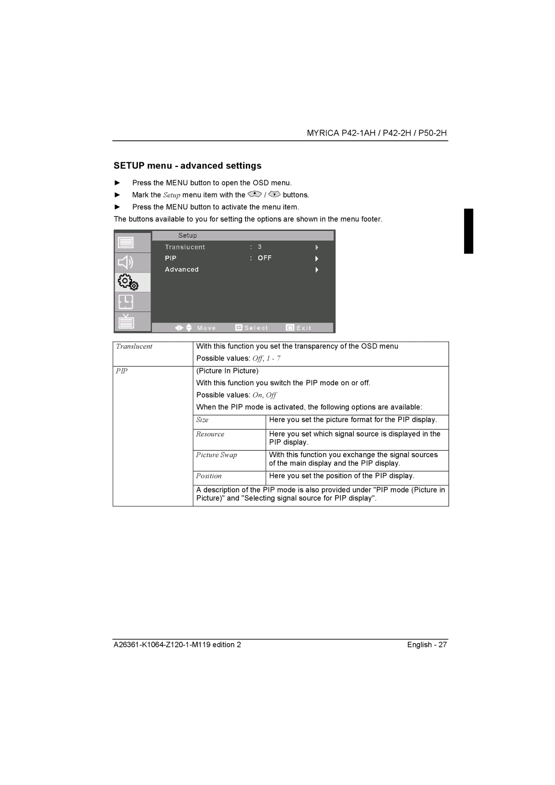 Fujitsu Siemens Computers P42-2H, P50-2H manual Setup menu advanced settings 