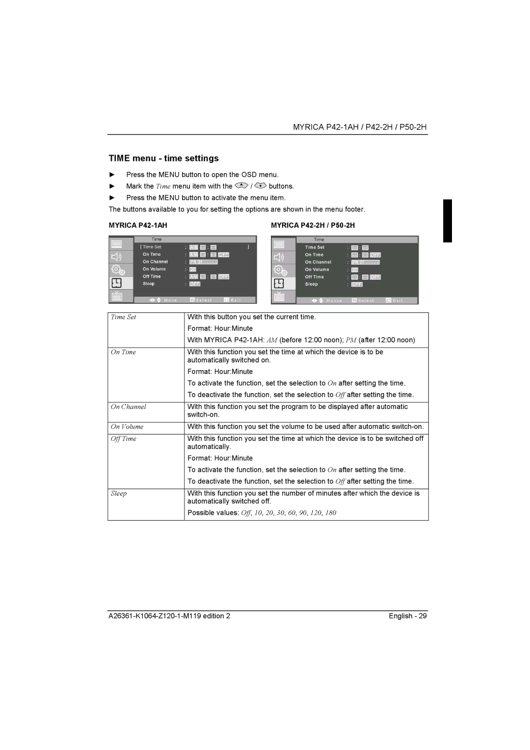 Fujitsu Siemens Computers manual Time menu time settings, Myrica P42-2H / P50-2H 