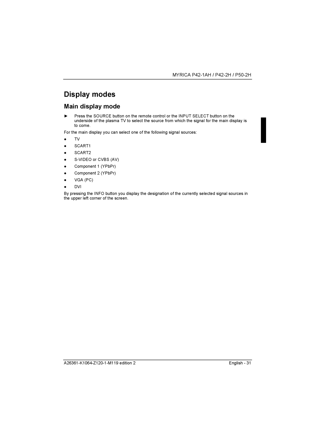 Fujitsu Siemens Computers P42-2H, P50-2H manual Display modes, Main display mode, SCART1 SCART2 