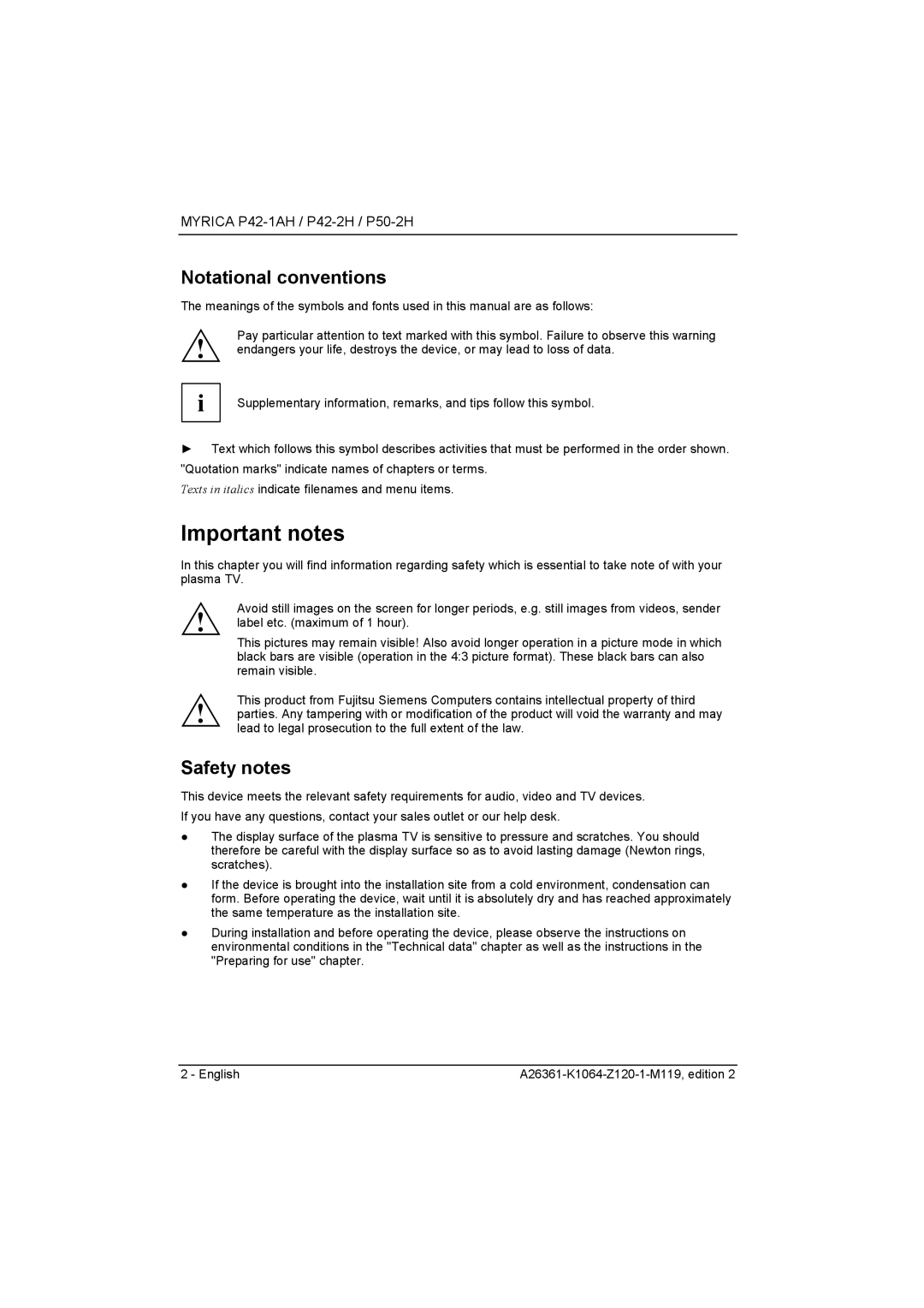 Fujitsu Siemens Computers P50-2H, P42-2H manual Important notes, Notational conventions, Safety notes 