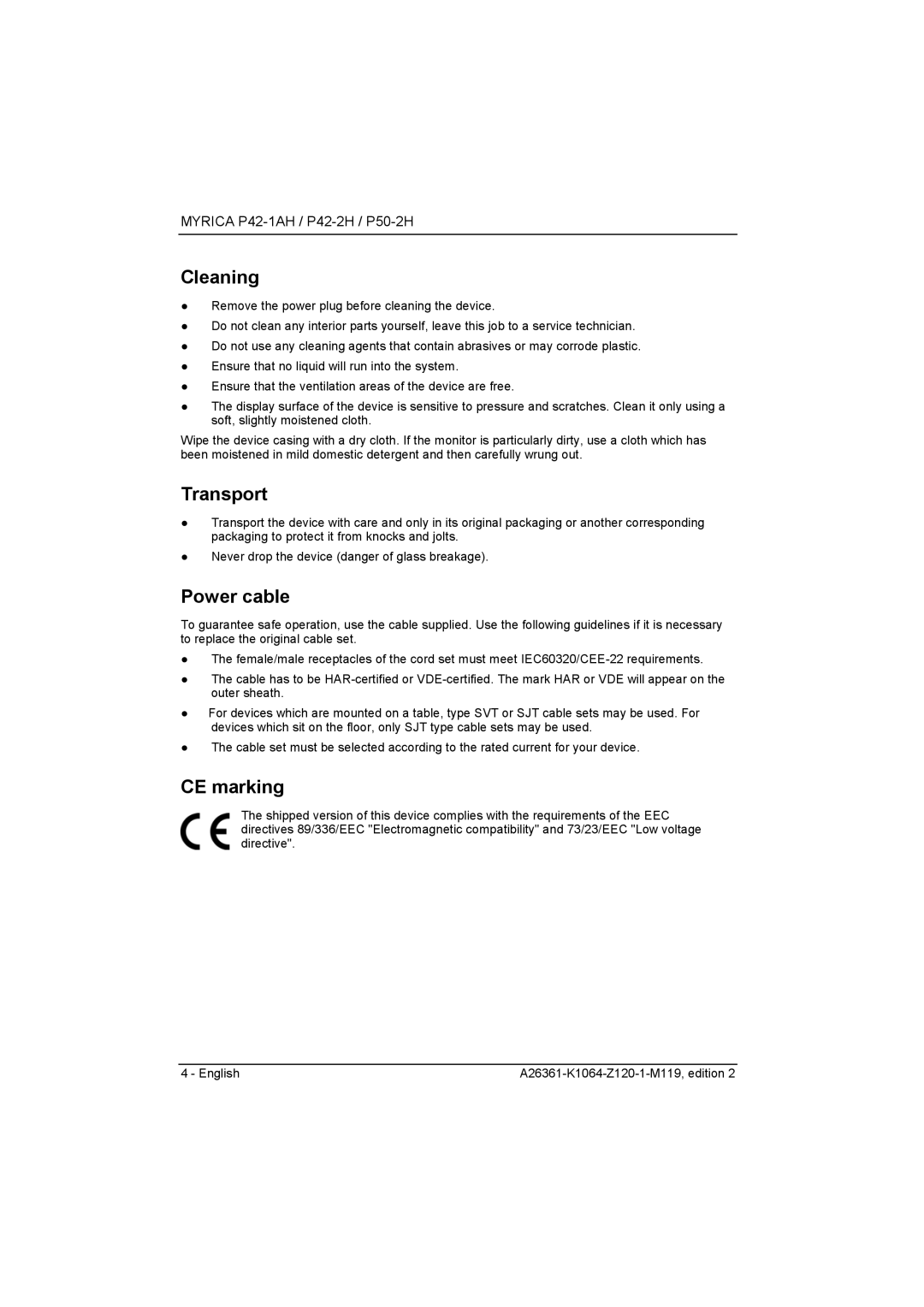 Fujitsu Siemens Computers P50-2H, P42-2H manual Cleaning, Transport, Power cable, CE marking 