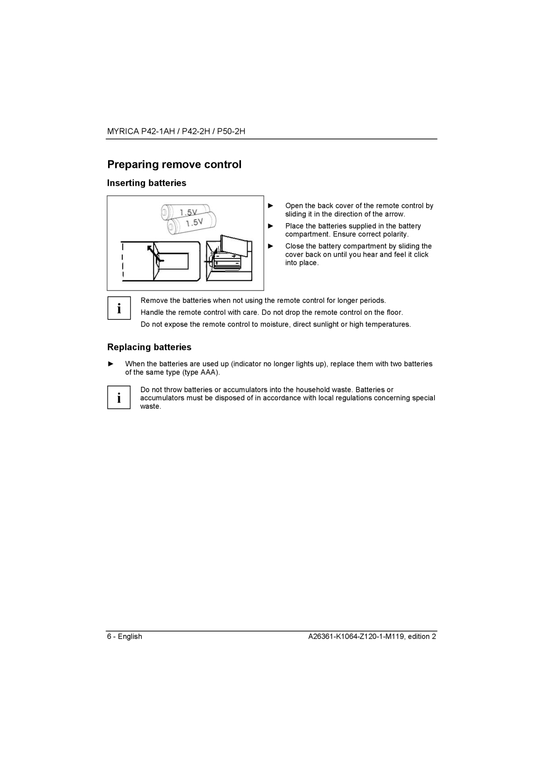 Fujitsu Siemens Computers P50-2H, P42-2H manual Preparing remove control, Inserting batteries, Replacing batteries 