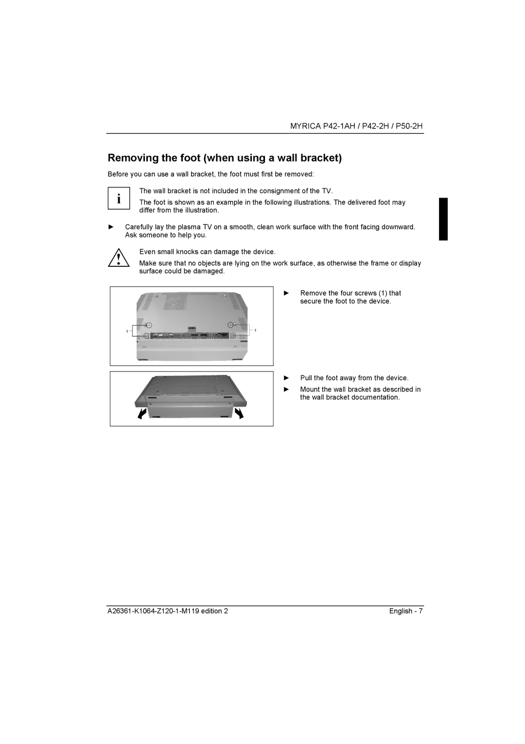 Fujitsu Siemens Computers P42-2H, P50-2H manual Removing the foot when using a wall bracket 