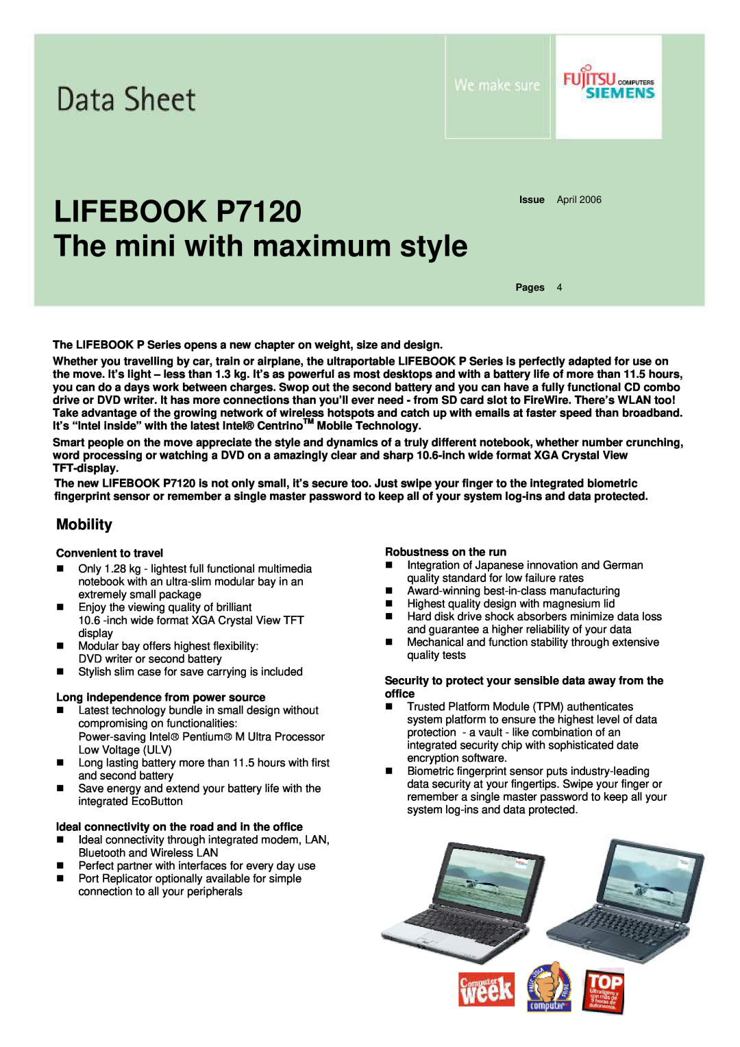 Fujitsu Siemens Computers manual LIFEBOOK P7120 The mini with maximum style, Mobility 