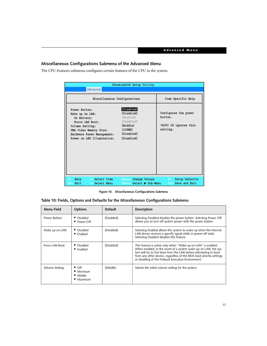 Fujitsu Siemens Computers P7230 manual Miscellaneous Configurations Submenu of the Advanced Menu, Disabled 