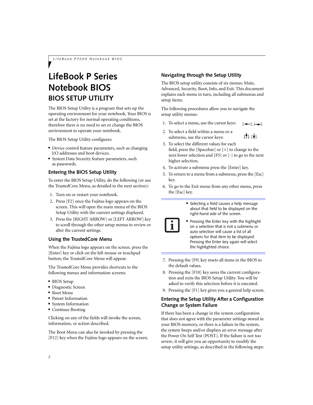 Fujitsu Siemens Computers P7230 manual Entering the Bios Setup Utility, Using the TrustedCore Menu 