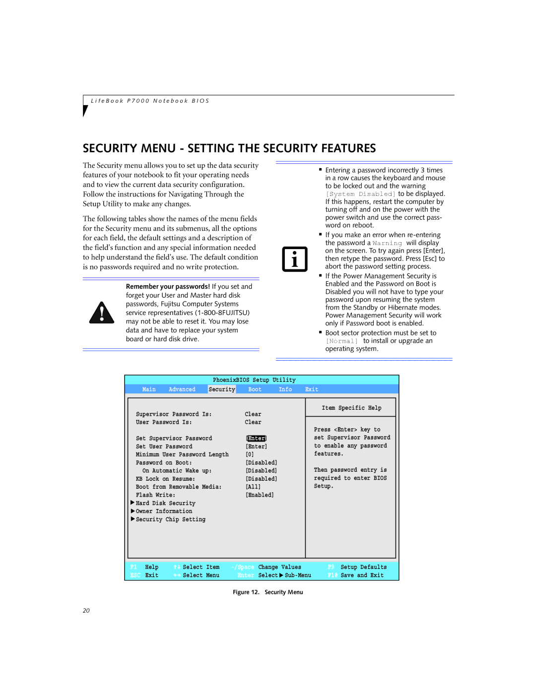 Fujitsu Siemens Computers P7230 manual Security Menu Setting the Security Features, Boot Info Exit 