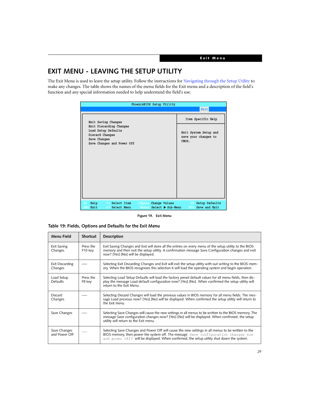 Fujitsu Siemens Computers P7230 manual Exit Menu Leaving the Setup Utility, Fields, Options and Defaults for the Exit Menu 