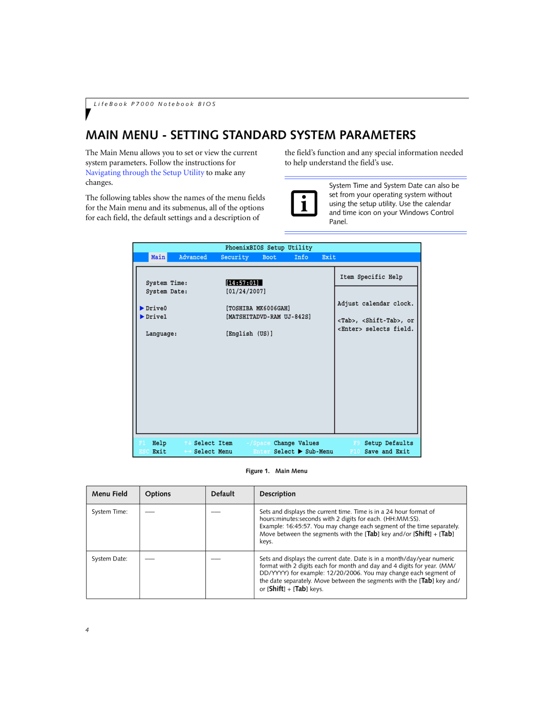 Fujitsu Siemens Computers P7230 manual Main Menu Setting Standard System Parameters 