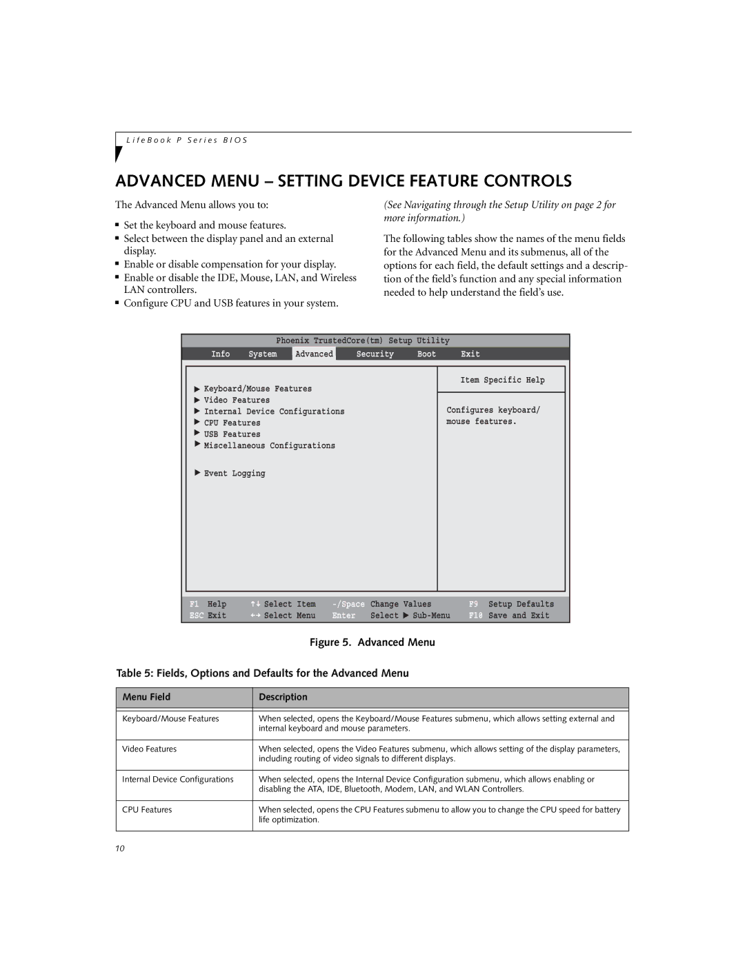 Fujitsu Siemens Computers P8010 Advanced Menu Setting Device Feature Controls, Info System Advanced Security Boot Exit 