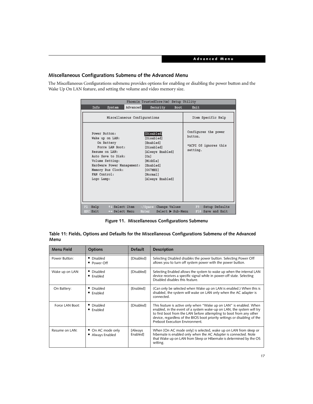 Fujitsu Siemens Computers P8010 manual Miscellaneous Configurations Submenu of the Advanced Menu, Disabled 