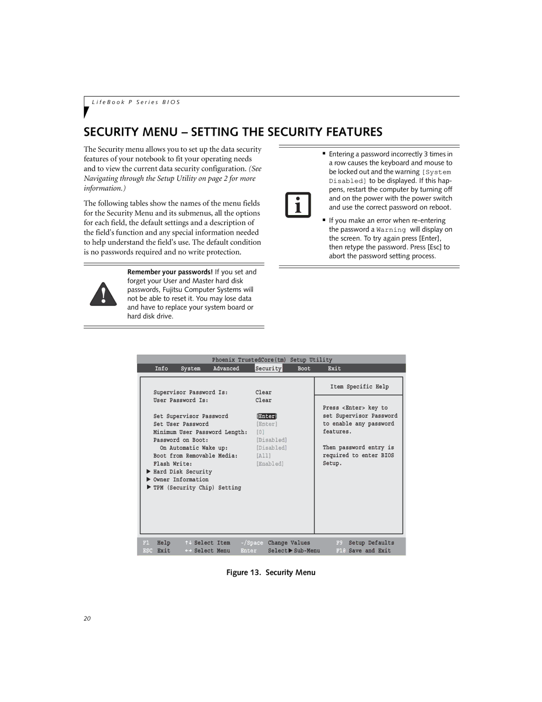 Fujitsu Siemens Computers P8010 manual Security Menu Setting the Security Features 