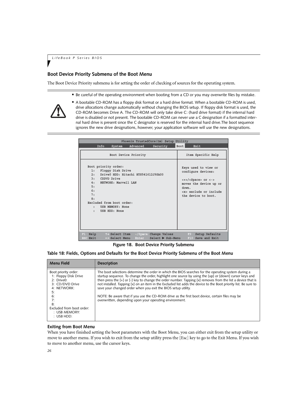 Fujitsu Siemens Computers P8010 manual Boot Device Priority Submenu of the Boot Menu, Exiting from Boot Menu 