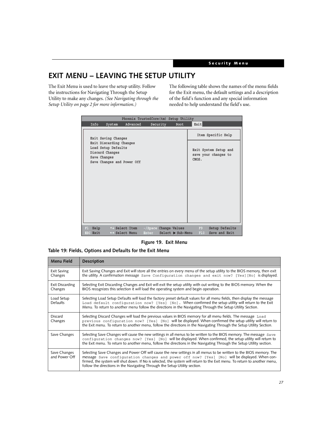 Fujitsu Siemens Computers P8010 manual Exit Menu Leaving the Setup Utility, Fields, Options and Defaults for the Exit Menu 