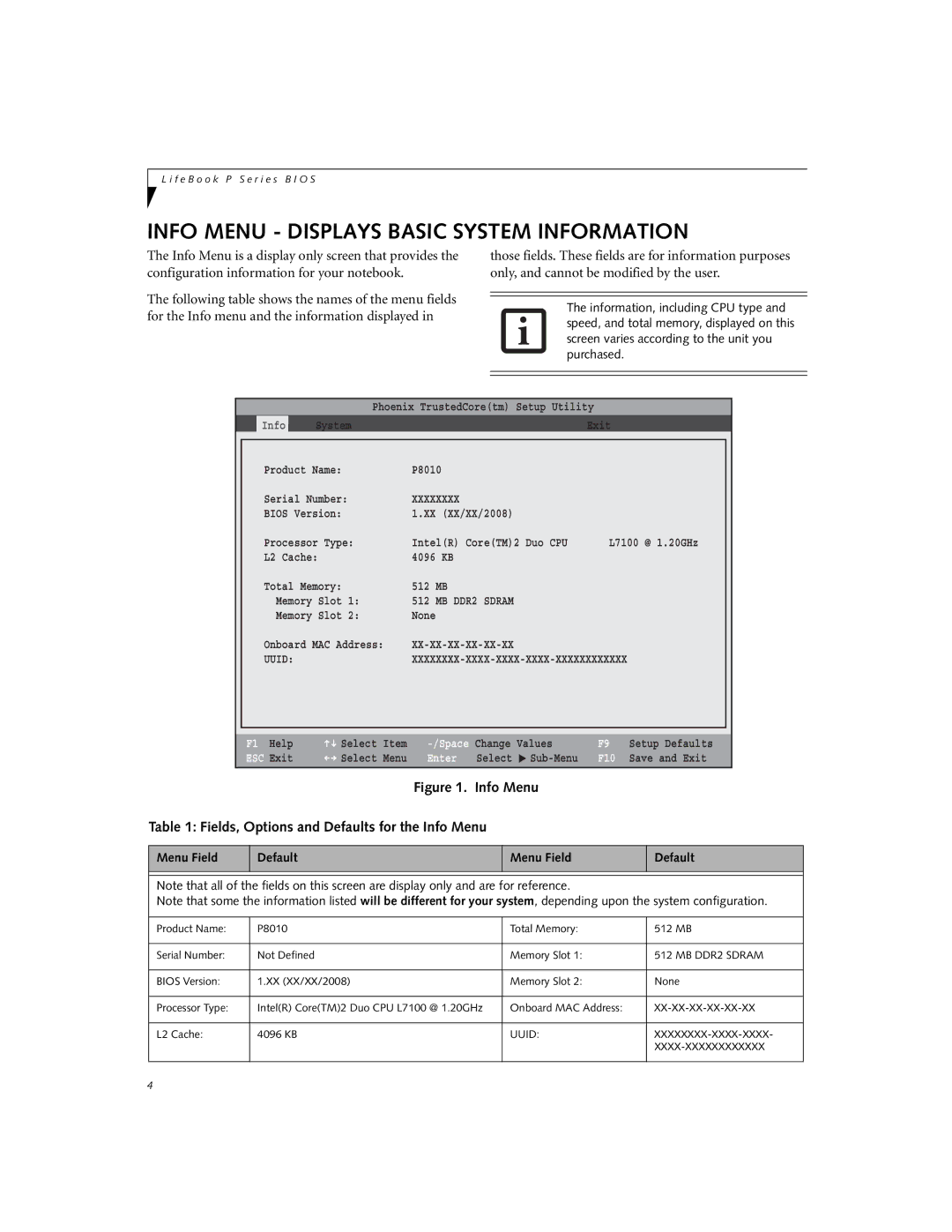 Fujitsu Siemens Computers P8010 manual Info Menu Displays Basic System Information, ESC Exit, Enter 