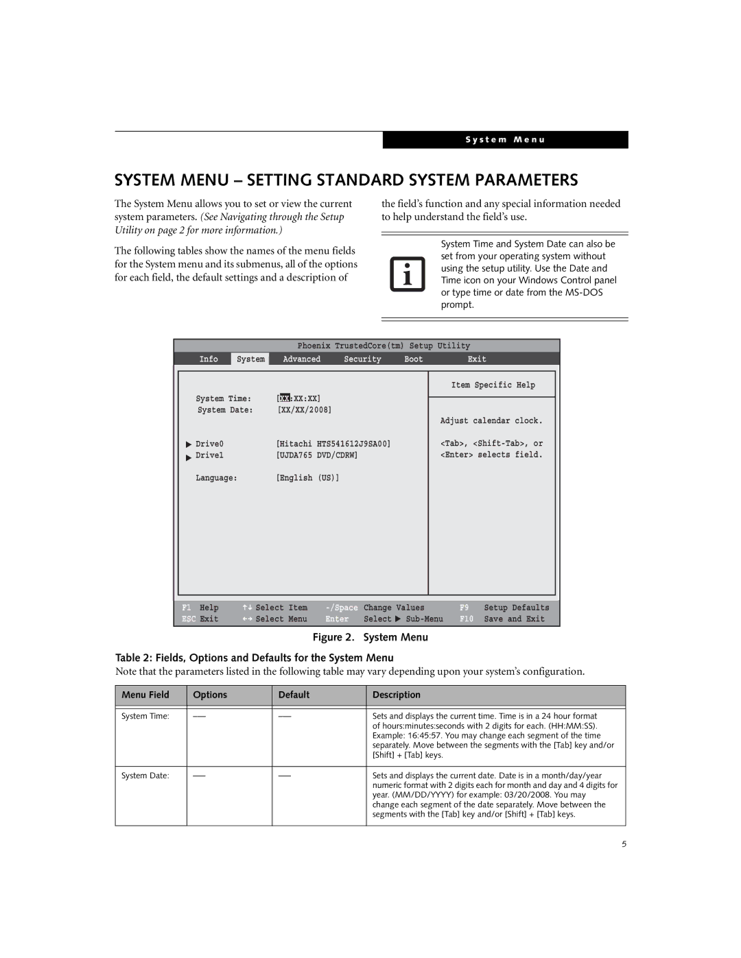 Fujitsu Siemens Computers P8010 manual System Menu Setting Standard System Parameters, Info, Advanced Security Boot Exit 