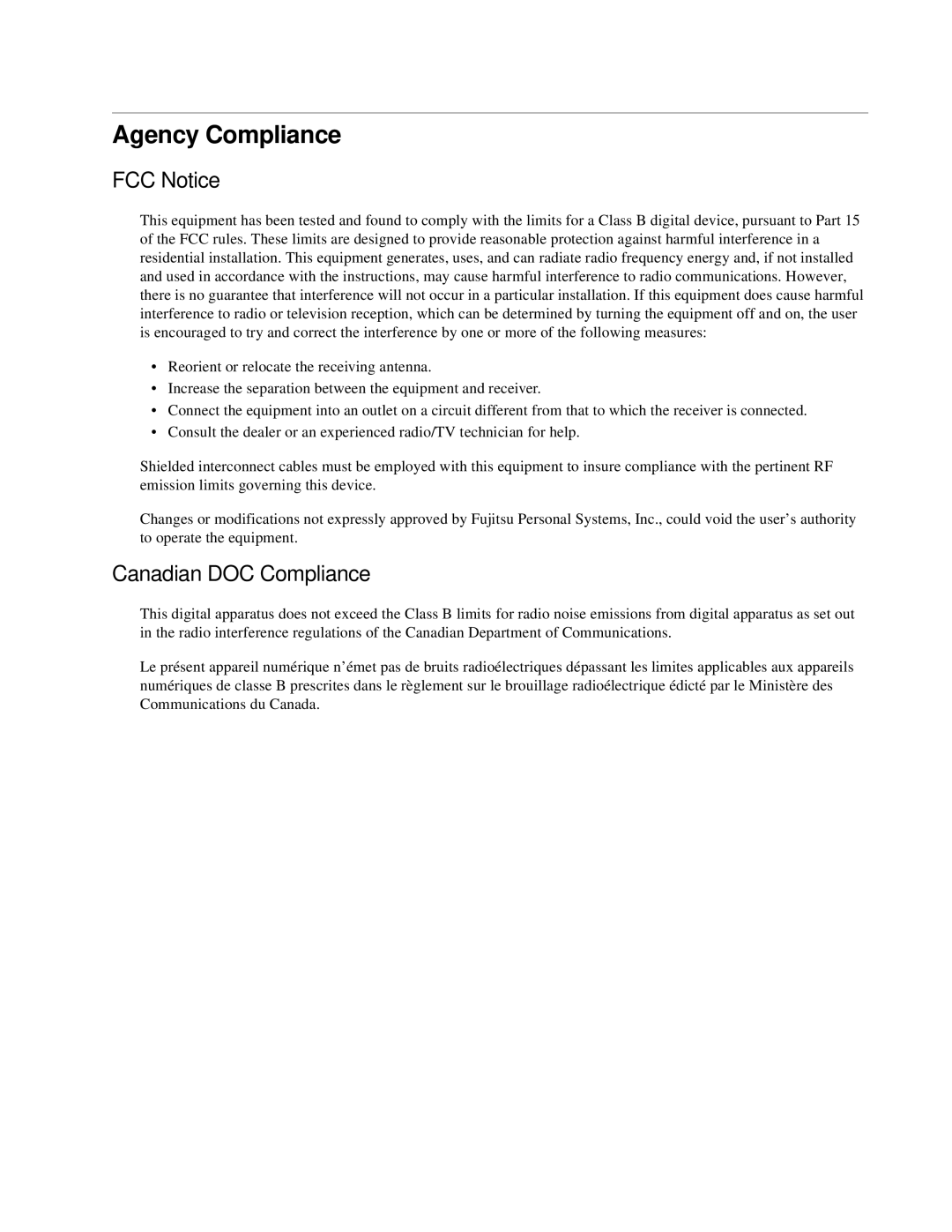 Fujitsu Siemens Computers Point 1600, Point 500 manual FCC Notice, Canadian DOC Compliance 