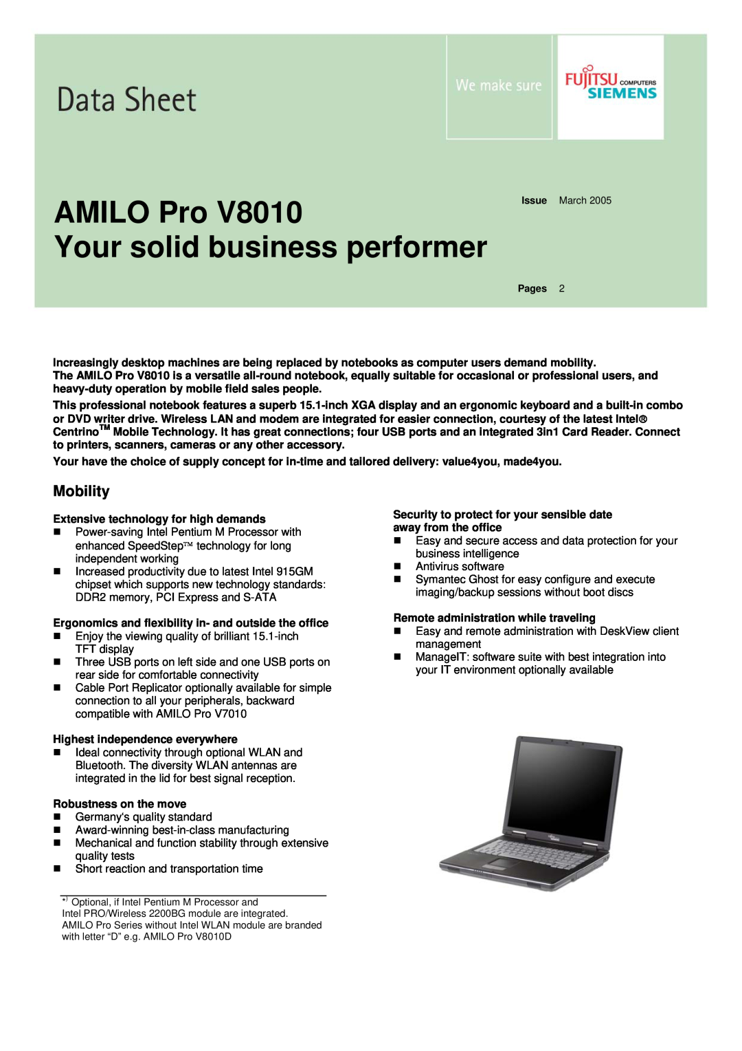 Fujitsu Siemens Computers Pro V8010 manual AMILO Pro Your solid business performer, Mobility 