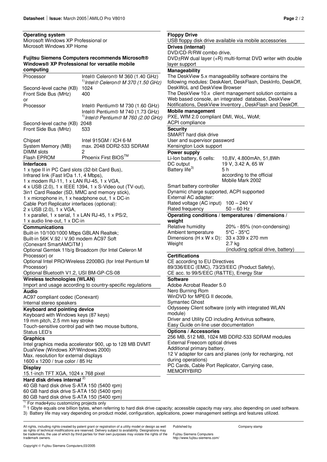 Fujitsu Siemens Computers Pro V8010 manual Operating system, Interfaces, Communications, Wireless technologies Wlan, Audio 