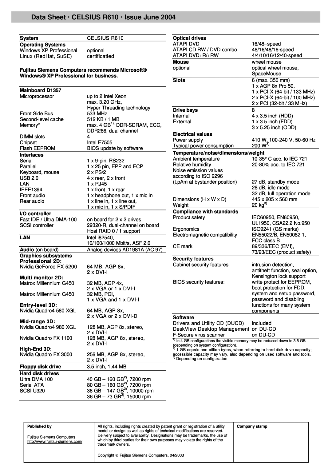 Fujitsu Siemens Computers warranty Data Sheet ‚ CELSIUS R610 ‚ Issue June 