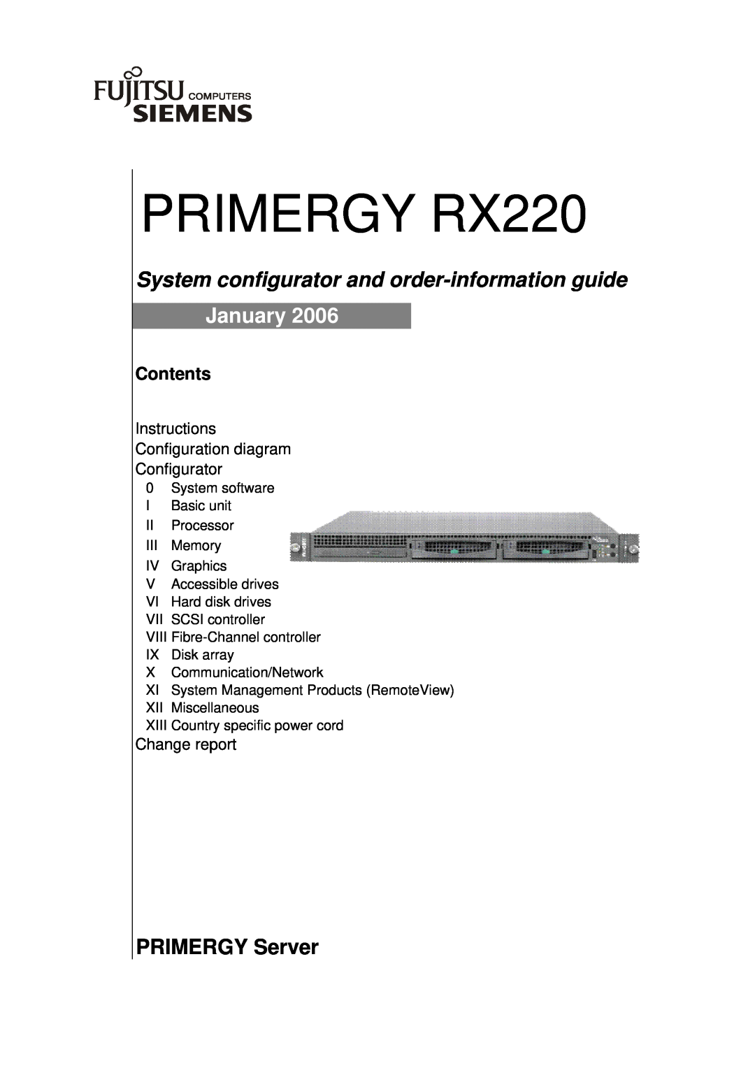 Fujitsu Siemens Computers manual PRIMERGY RX220, System configurator and order-information guide, January, Contents 