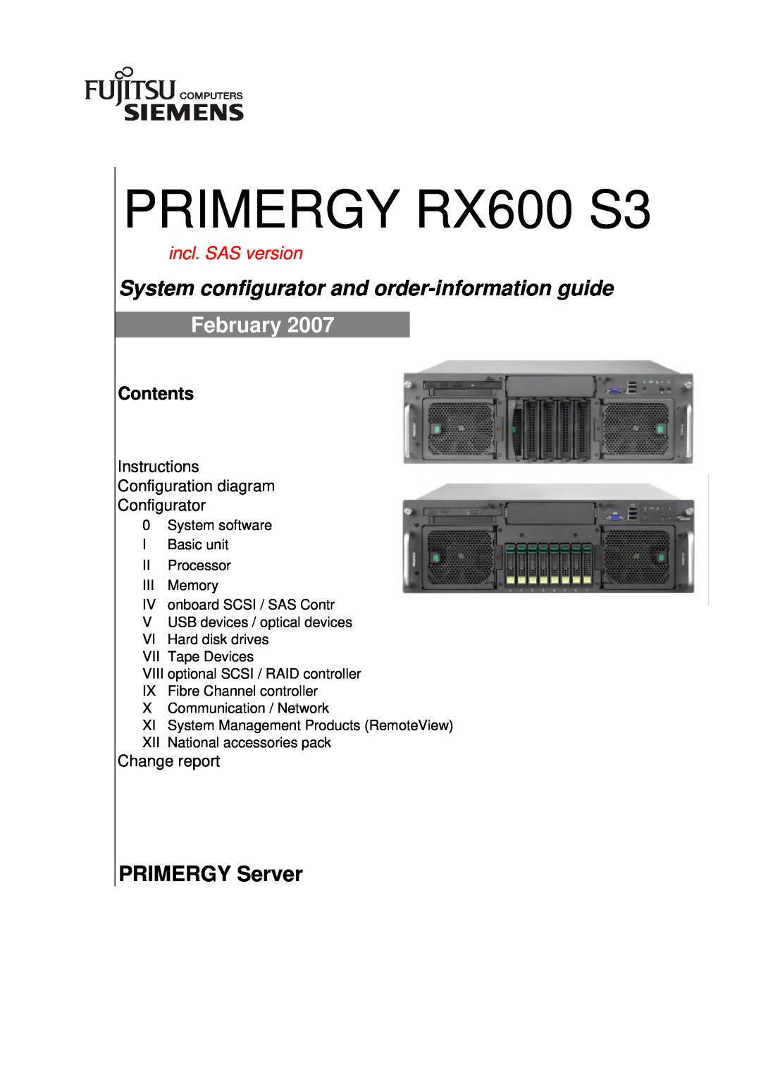 Fujitsu Siemens Computers manual PRIMERGY RX600 S3, System configurator and order-information guide, February, Contents 