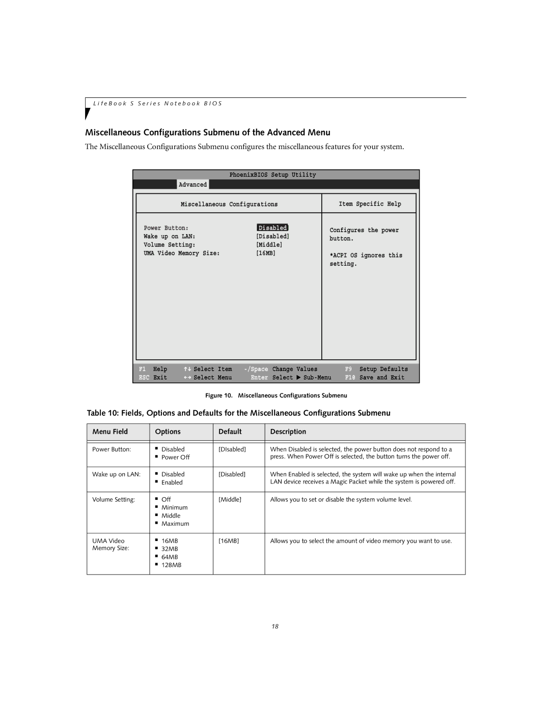 Fujitsu Siemens Computers S2020 manual Miscellaneous Configurations Submenu of the Advanced Menu, Disabled 