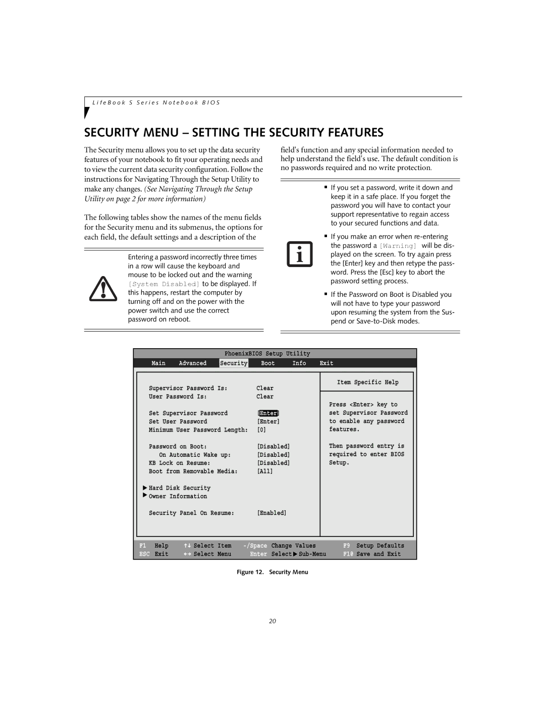 Fujitsu Siemens Computers S2020 manual Security Menu Setting the Security Features, Boot Info Exit 