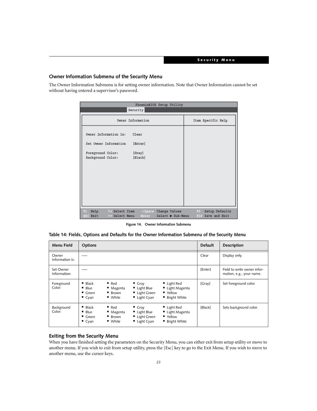 Fujitsu Siemens Computers S2020 manual Owner Information Submenu of the Security Menu, Exiting from the Security Menu 