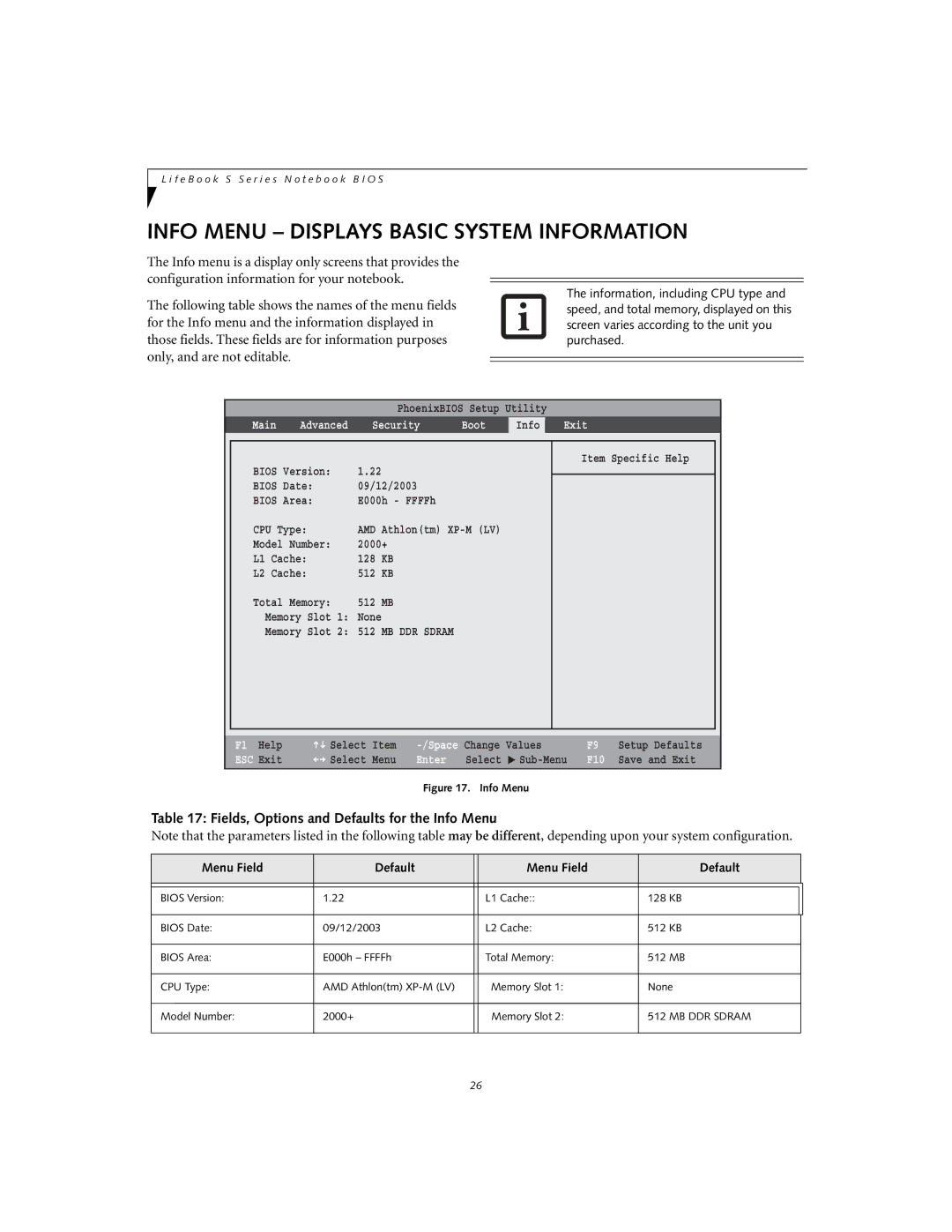 Fujitsu Siemens Computers S2020 manual Info Menu Displays Basic System Information 