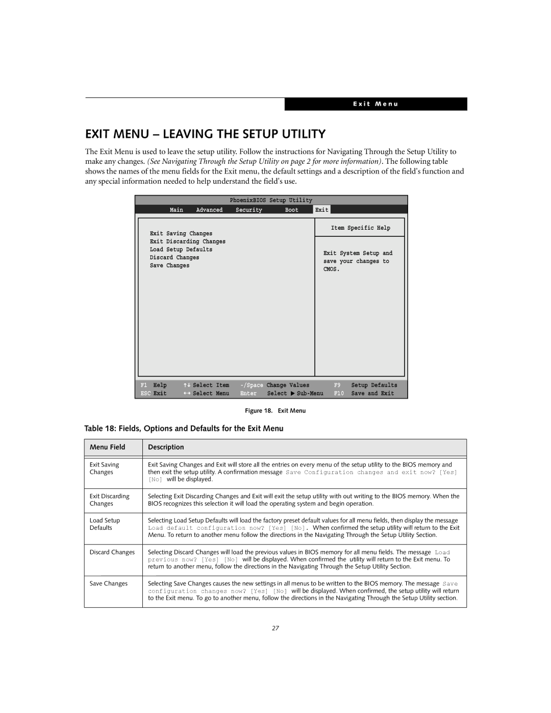 Fujitsu Siemens Computers S2020 manual Exit Menu Leaving the Setup Utility, Fields, Options and Defaults for the Exit Menu 