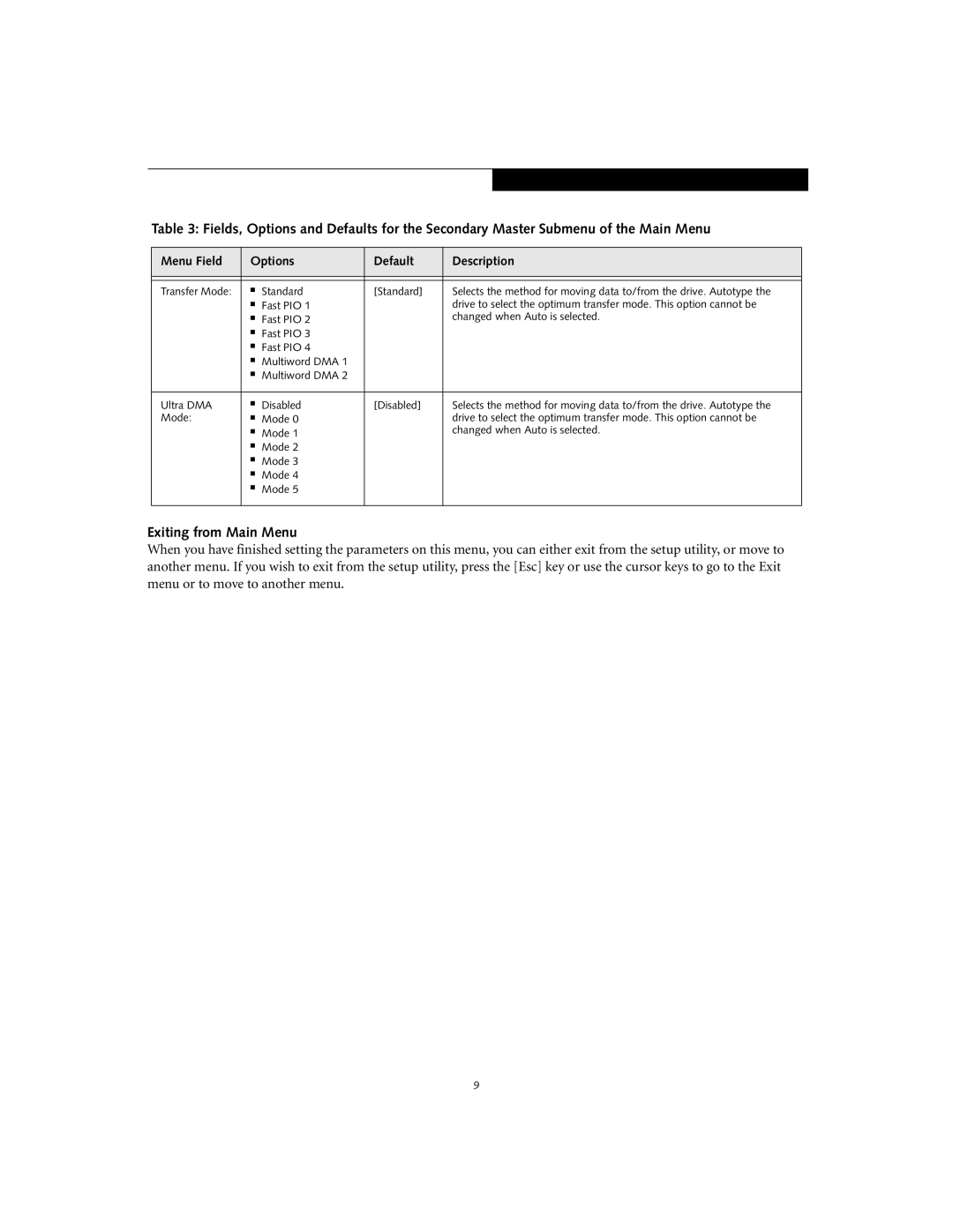 Fujitsu Siemens Computers S2020 manual Exiting from Main Menu 