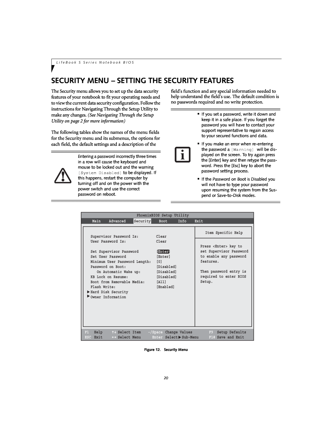 Fujitsu Siemens Computers S2110 manual Security Menu - Setting The Security Features 