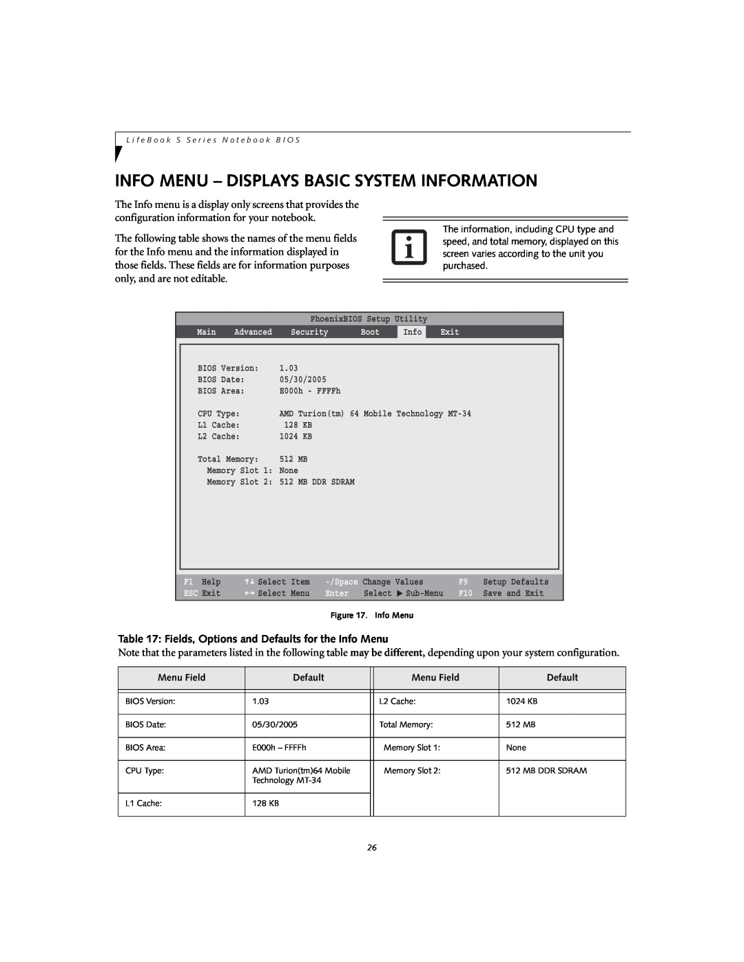Fujitsu Siemens Computers S2110 manual Info Menu - Displays Basic System Information 