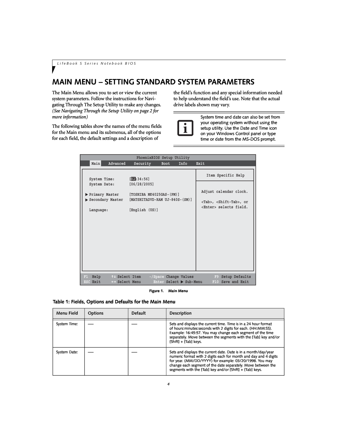 Fujitsu Siemens Computers S2110 manual Main Menu - Setting Standard System Parameters 