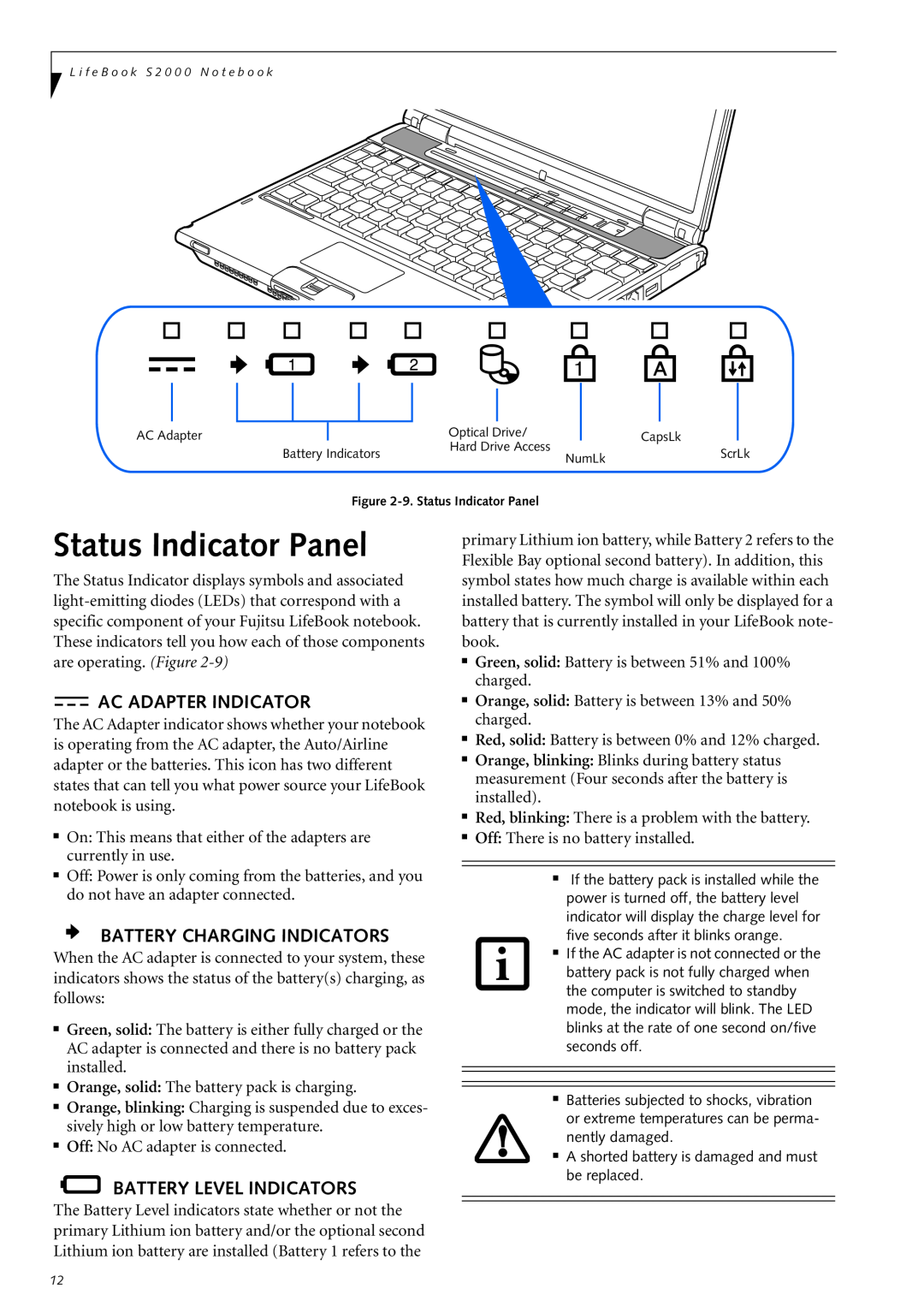 Fujitsu Siemens Computers S2210 manual Status Indicator Panel, Ac Adapter Indicator, Battery Charging Indicators 