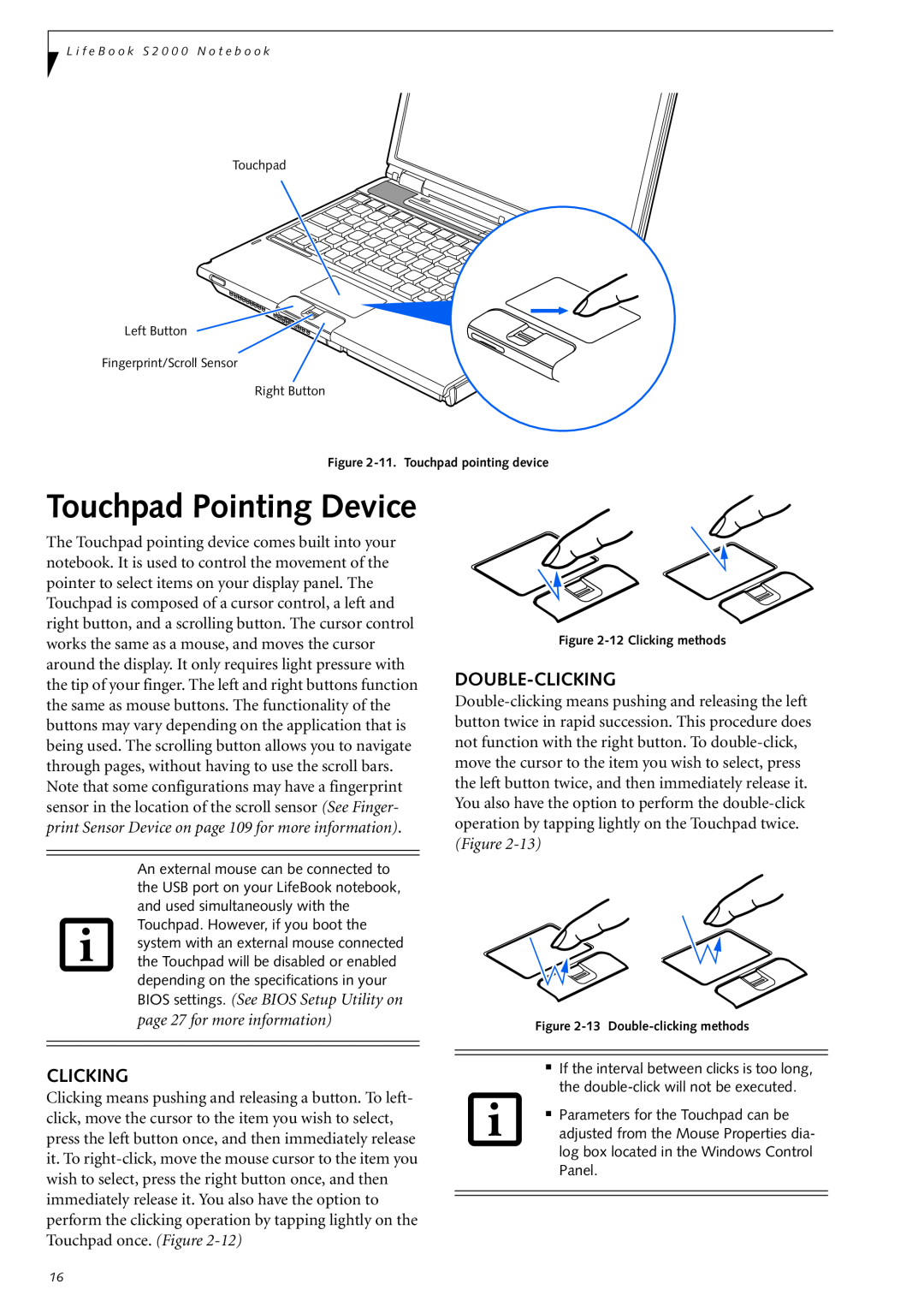 Fujitsu Siemens Computers S2210 manual Touchpad Pointing Device, Double-Clicking 