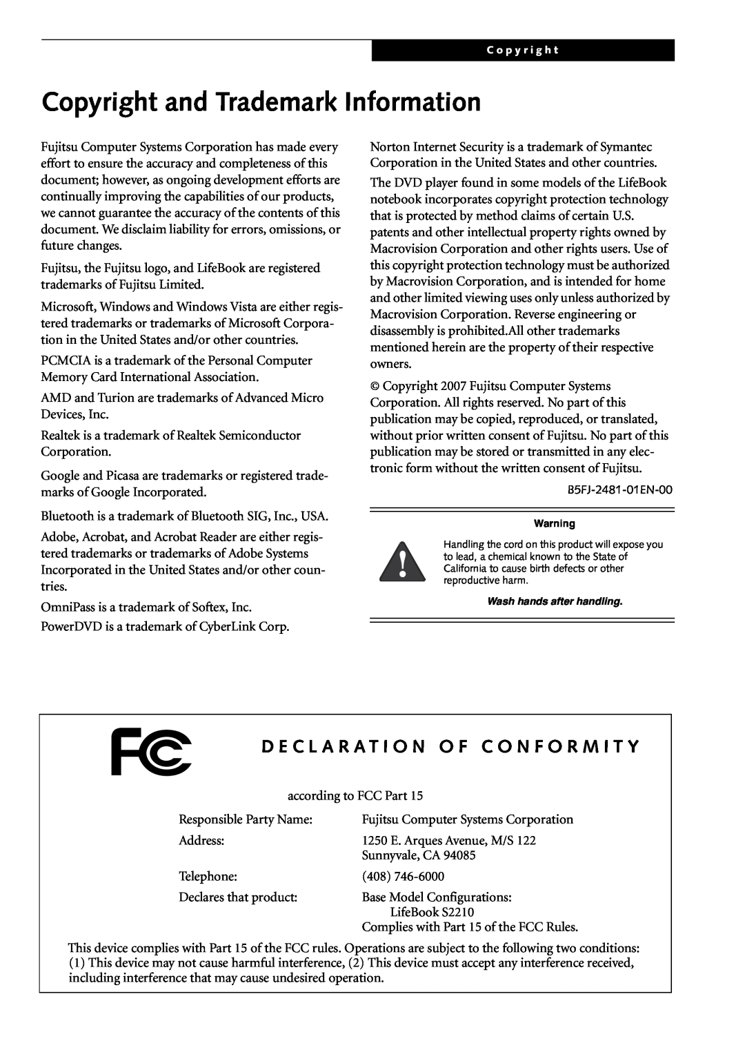 Fujitsu Siemens Computers S2210 manual Copyright and Trademark Information, D E C L A R A T I O N O F C O N F O R M I T Y 