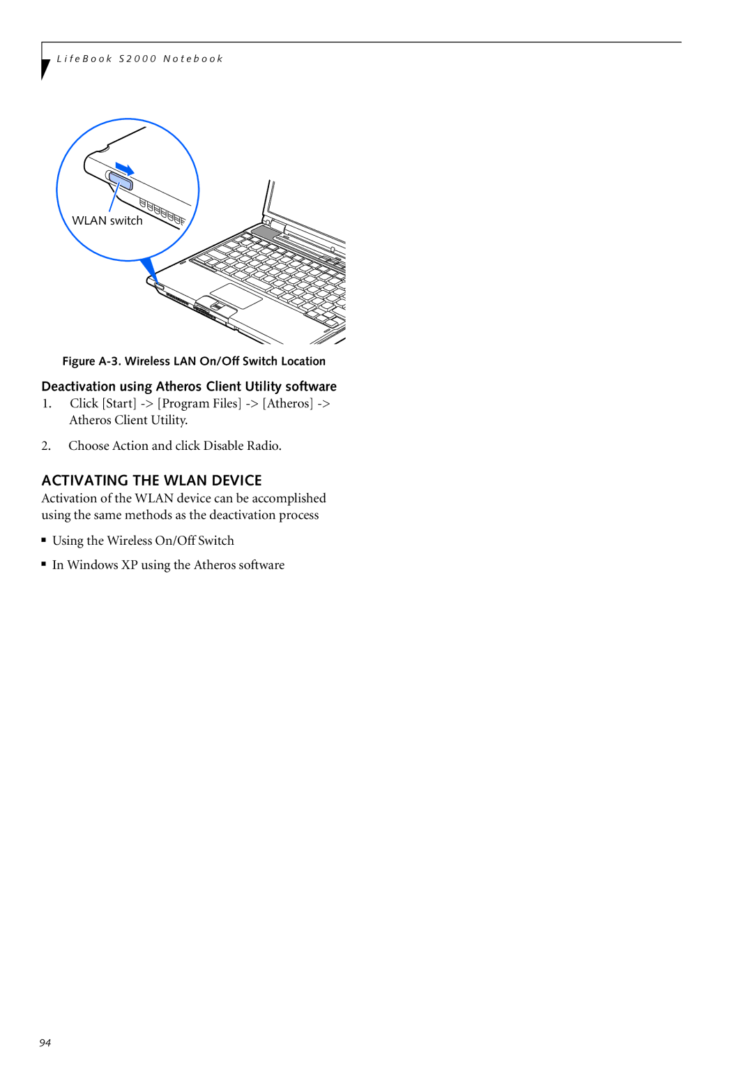 Fujitsu Siemens Computers S2210 manual Activating the Wlan Device, Deactivation using Atheros Client Utility software 