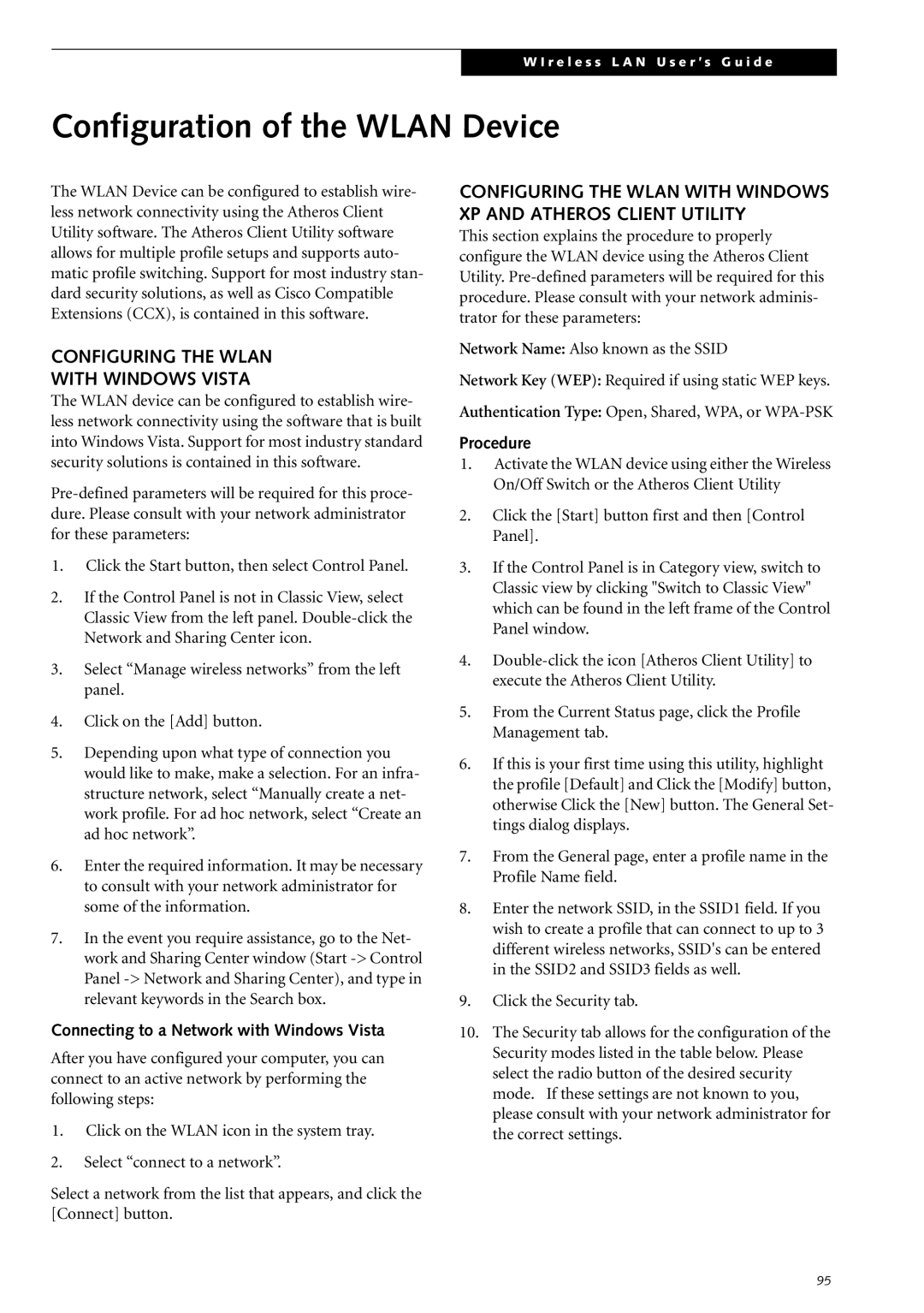 Fujitsu Siemens Computers S2210 manual Configuration of the Wlan Device, Configuring the Wlan With Windows Vista, Procedure 