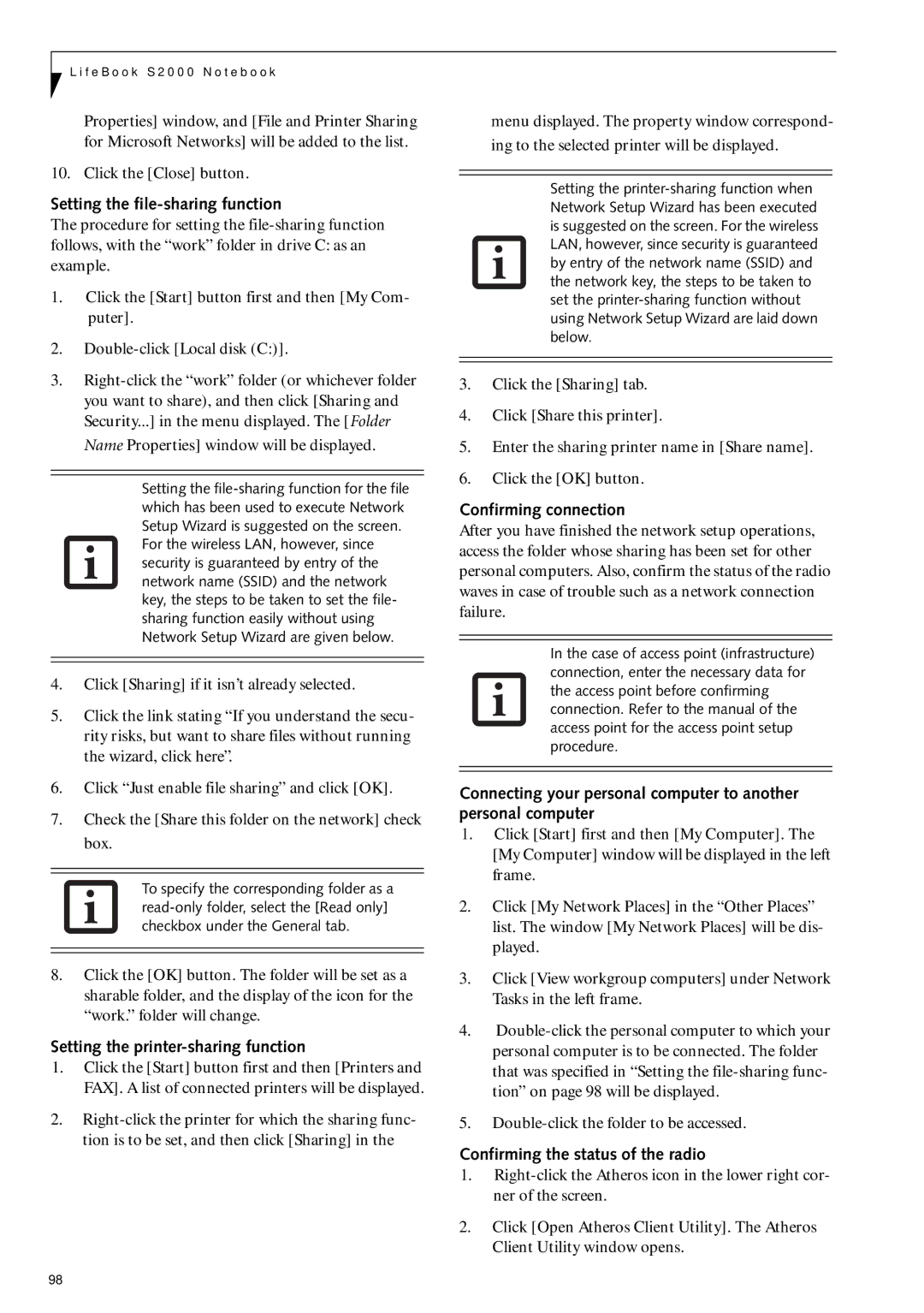 Fujitsu Siemens Computers S2210 manual Setting the file-sharing function, Setting the printer-sharing function 