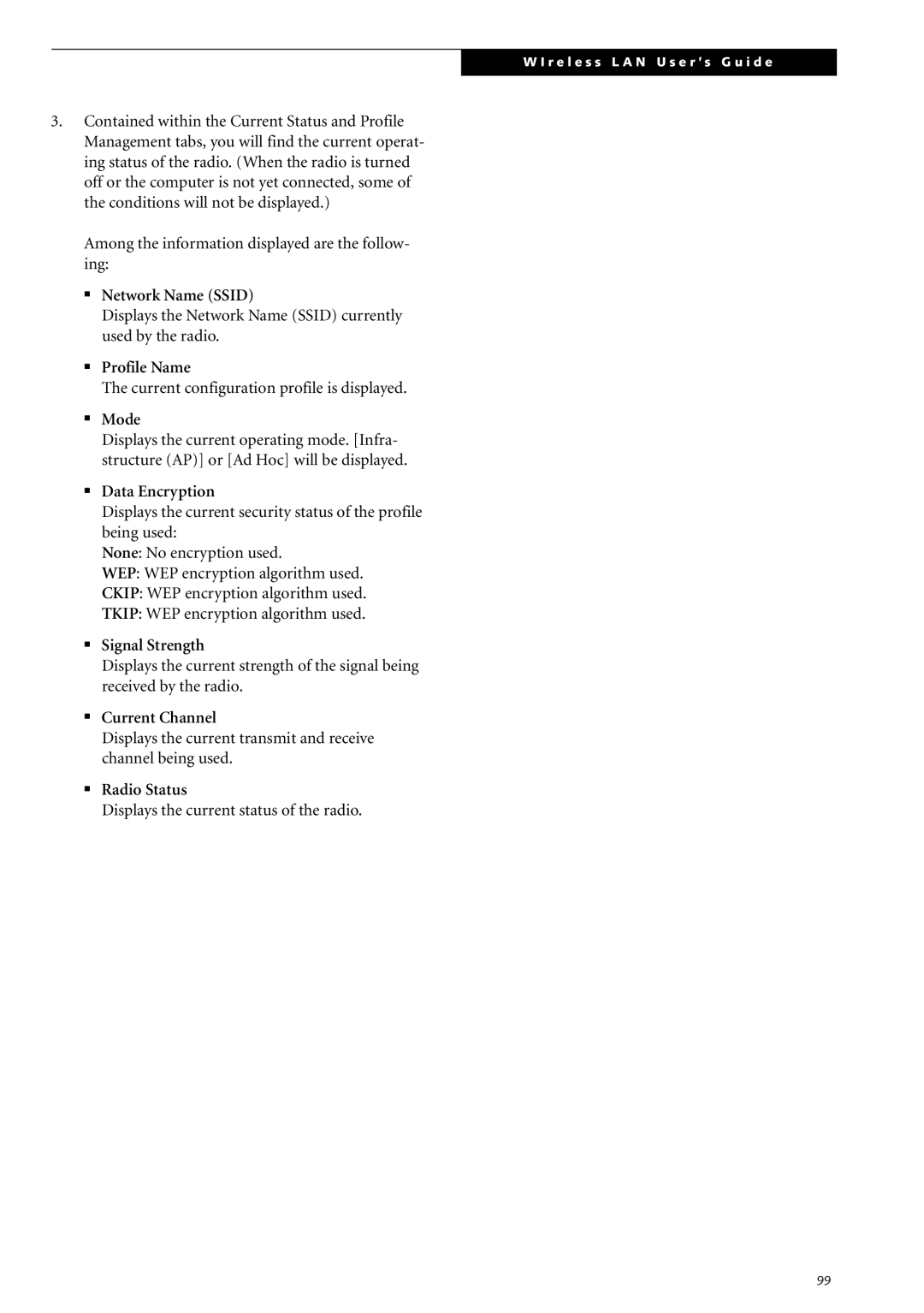 Fujitsu Siemens Computers S2210 Network Name Ssid, Profile Name, Mode, Data Encryption, Signal Strength, Current Channel 